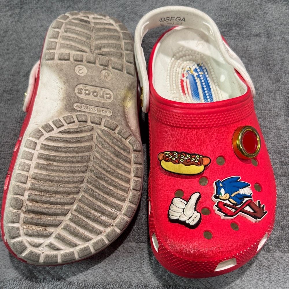 CROCS Kids Red Slippers with Sonic and Hotdog Design